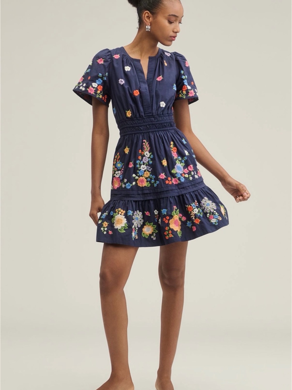 Anthropologie Somerset Navy Floral Embroidered Mini Dress